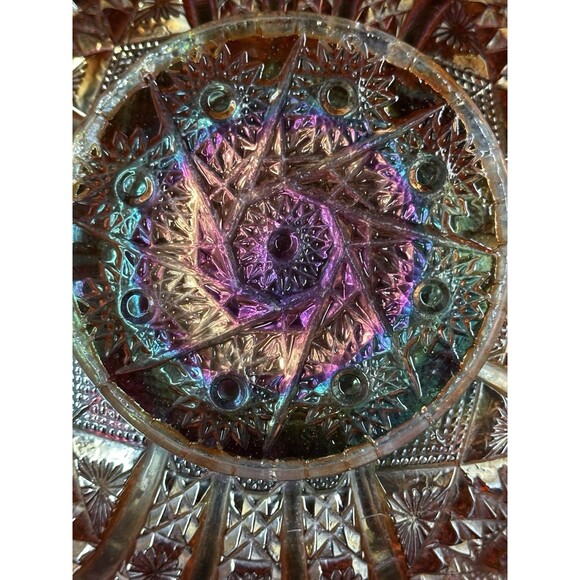 Vintage Iridescent Amber Sunflower Orange Carnival Glass Bowl Scalloped Edges - Picture 9 of 11